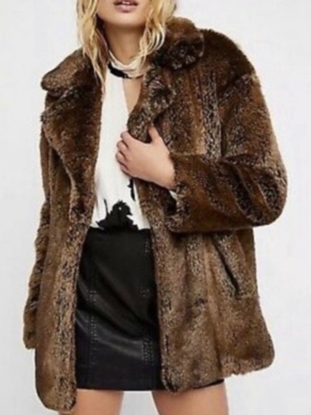 Free People Classic Faux Fur Coat Brown Oversized Shaggy Plush Jacket - XS